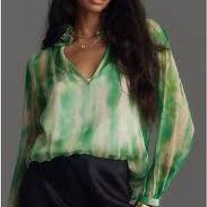 Anthropologie Silk green watercolor Tie-Dye Women's Blouse- NWT- XL